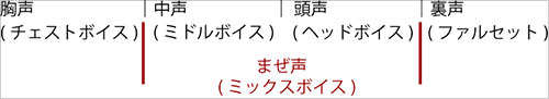 イメージ図。地声と裏声の間は胸声(チェストボイス)、中声(ミドルボイス)、頭声(ヘッドボイス)、裏声(ファルセット)といったように
                ４つの声区に分けることができます。そして中声と頭声の領域をまぜ声、いわゆるミックスボイスといいます。